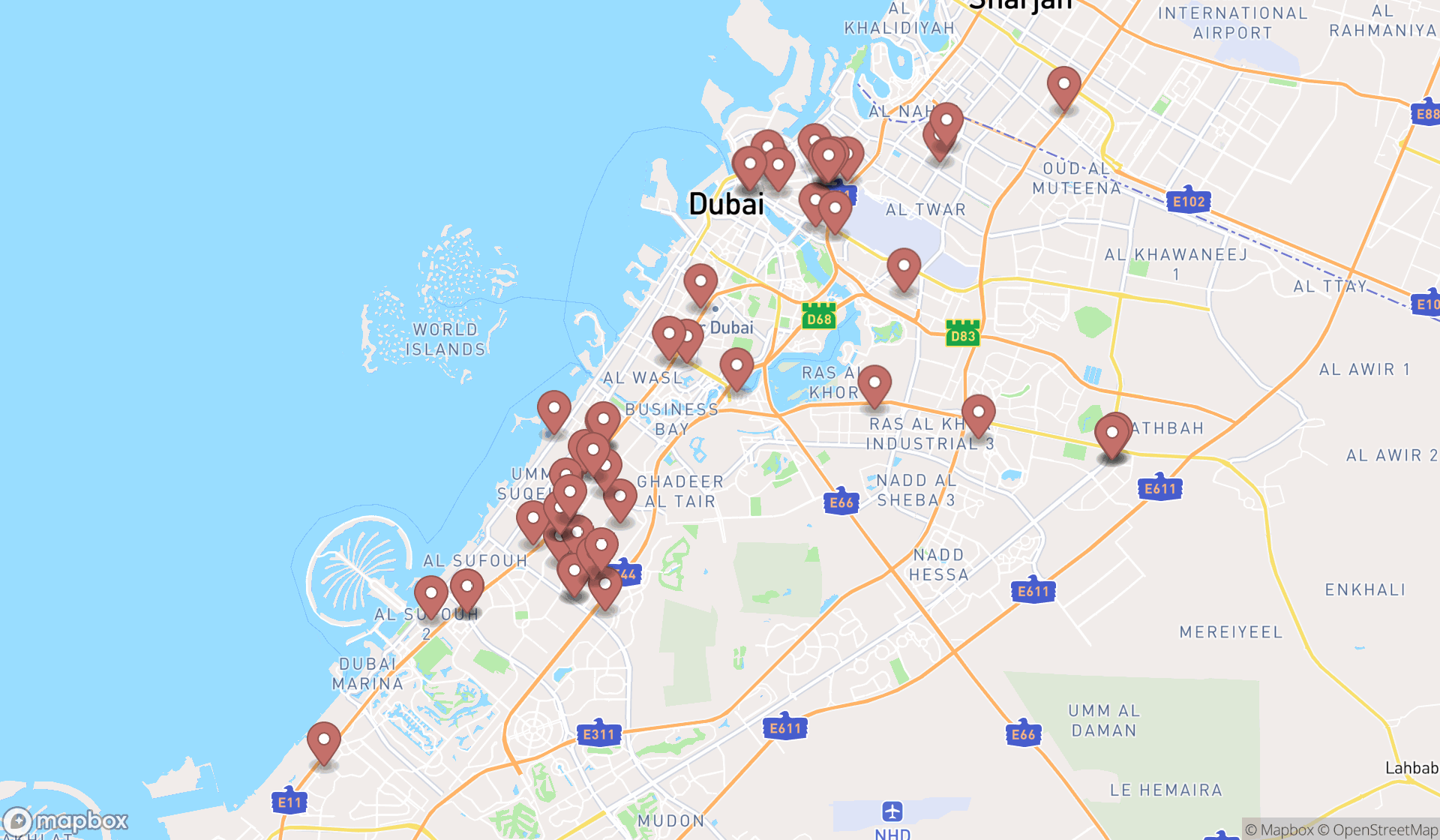 Map showing the search results in Dubai