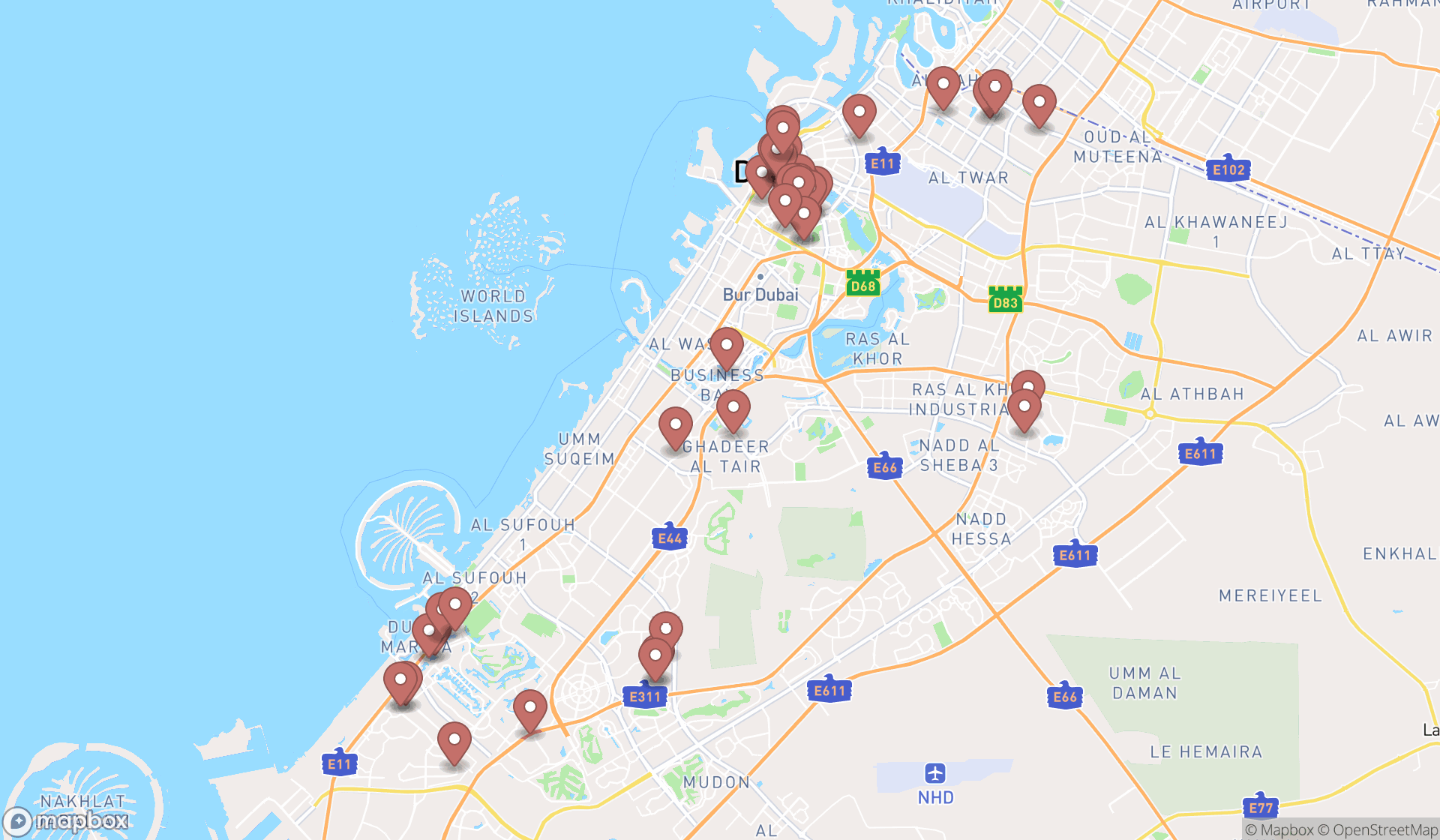Map showing the search results in Dubai