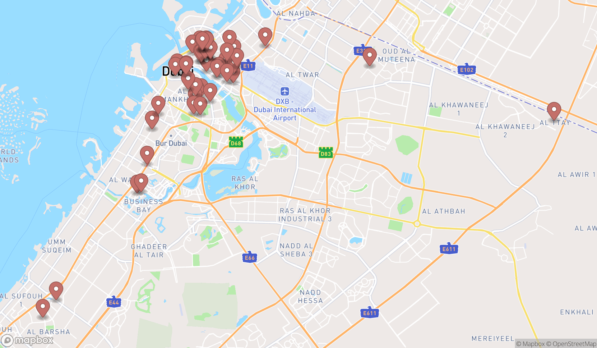 Map showing the search results in Dubai