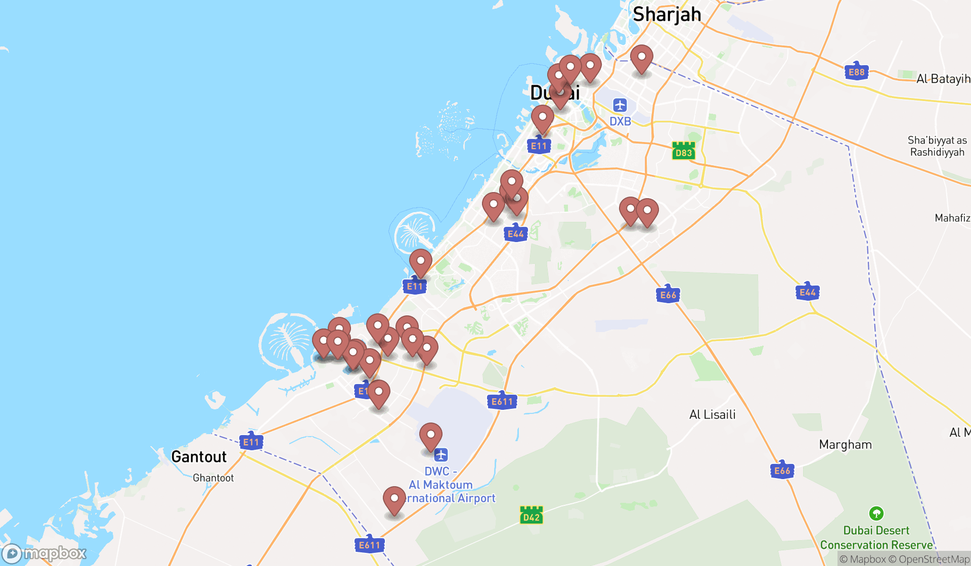 Map showing the search results in Dubai