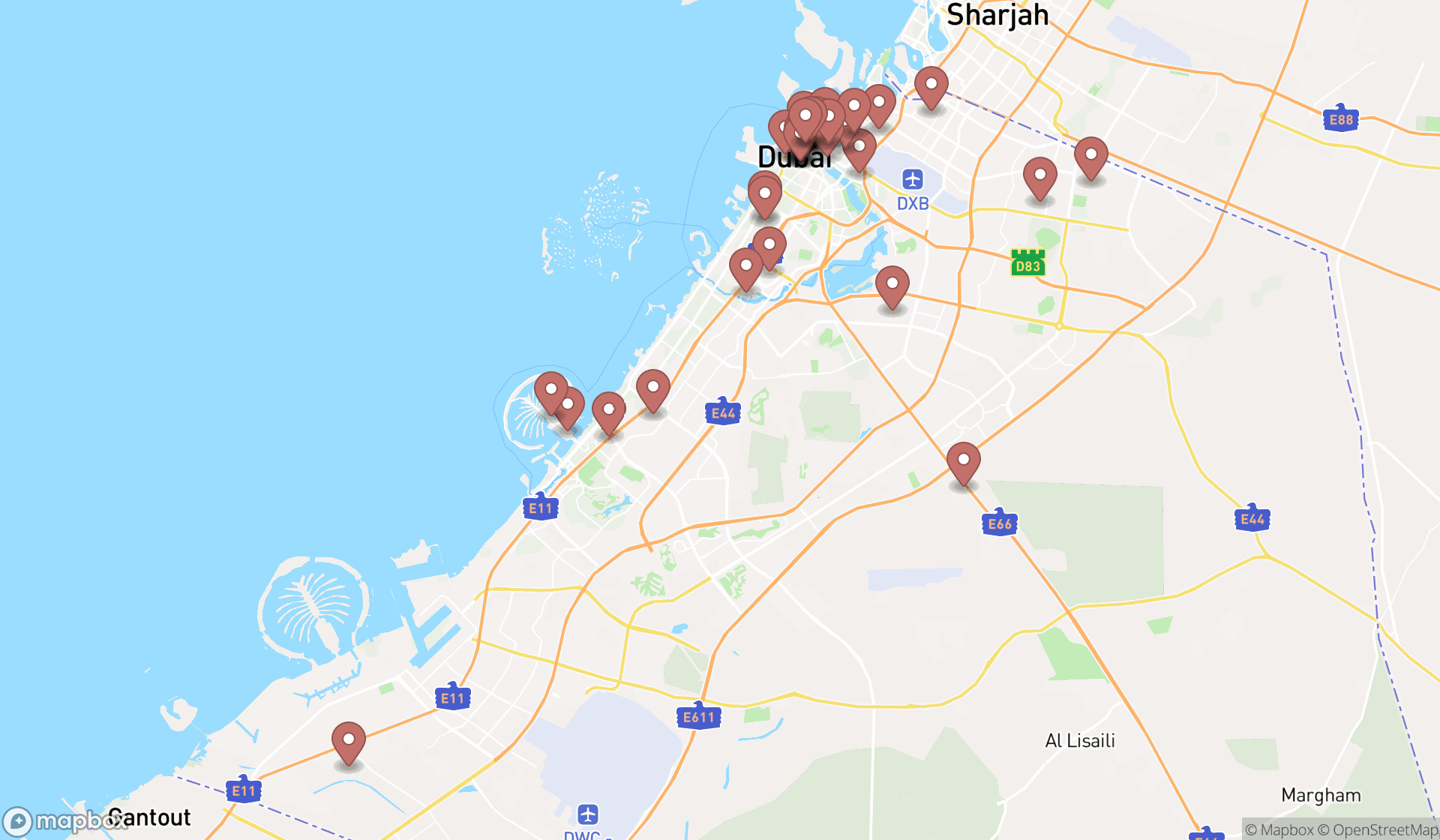 Map showing the search results in Dubai