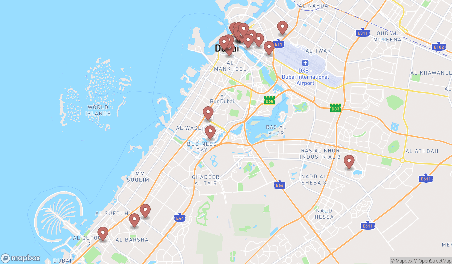 Map showing the search results in Dubai