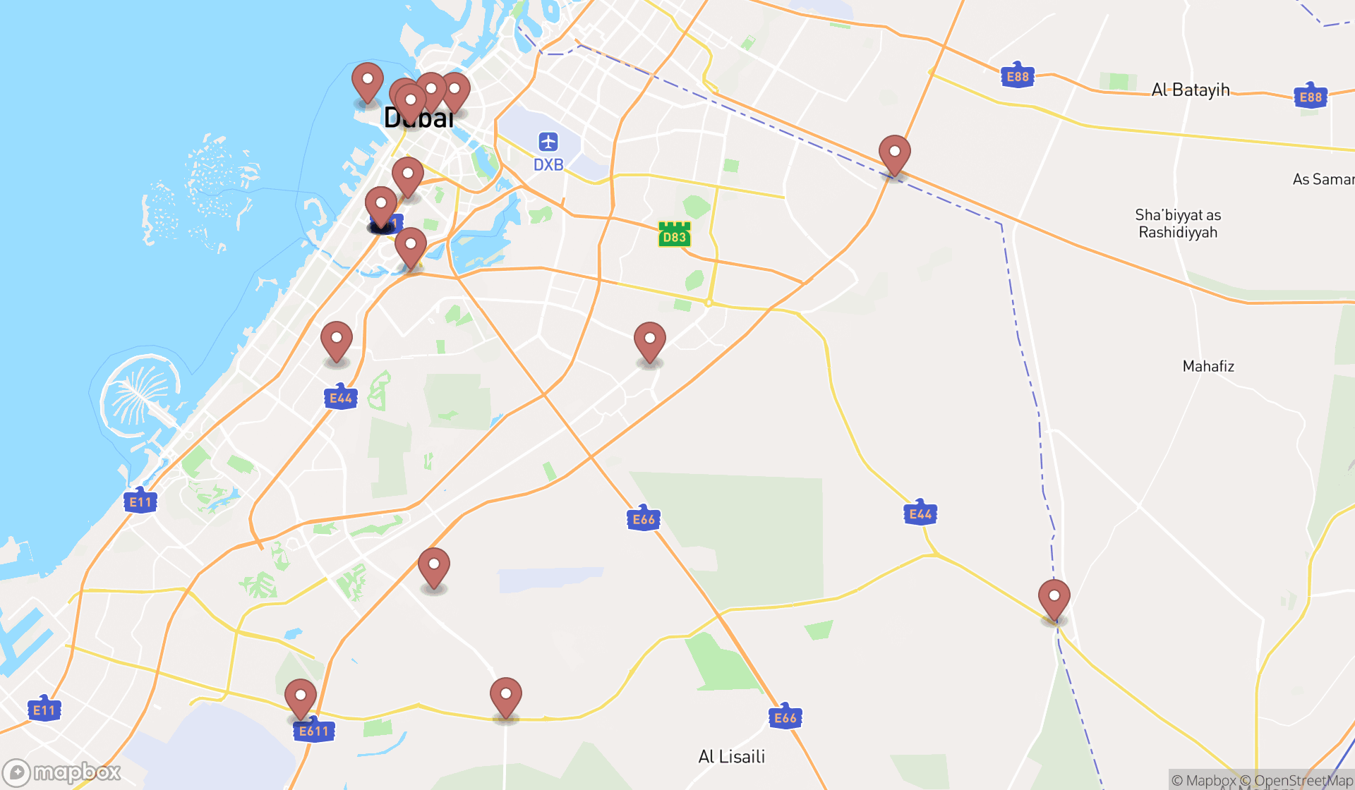 Map showing the search results in Dubai