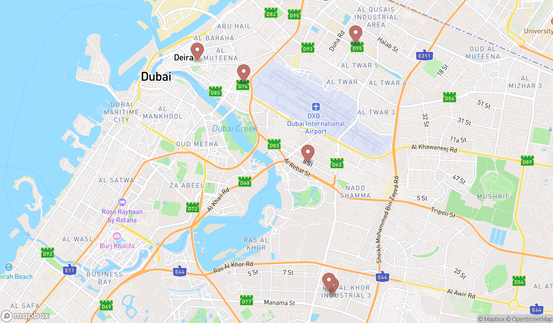 Map showing the search results in Dubai