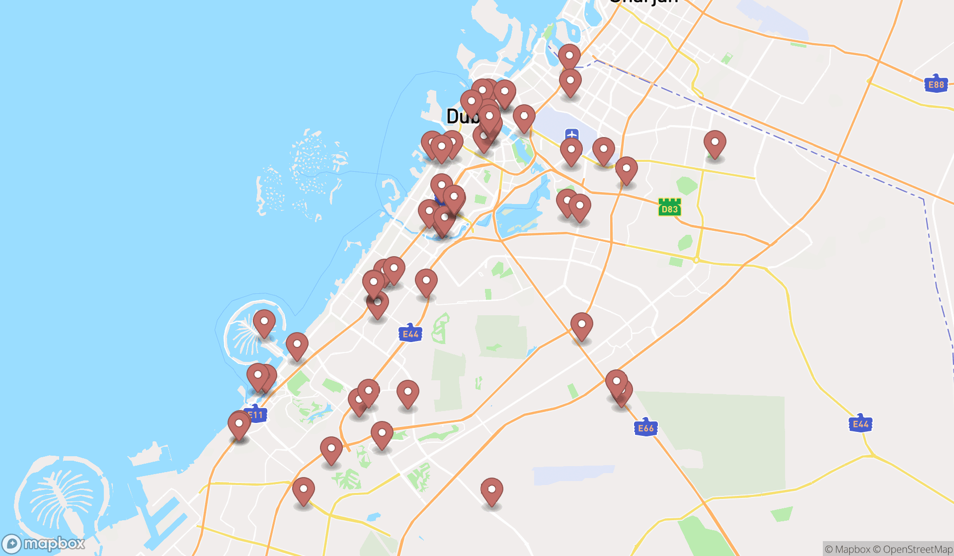 Map showing the search results in Dubai