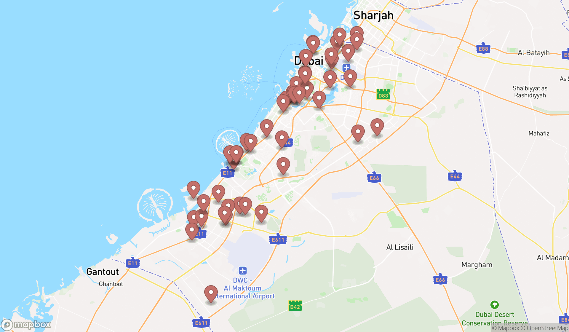Map showing the search results in Dubai