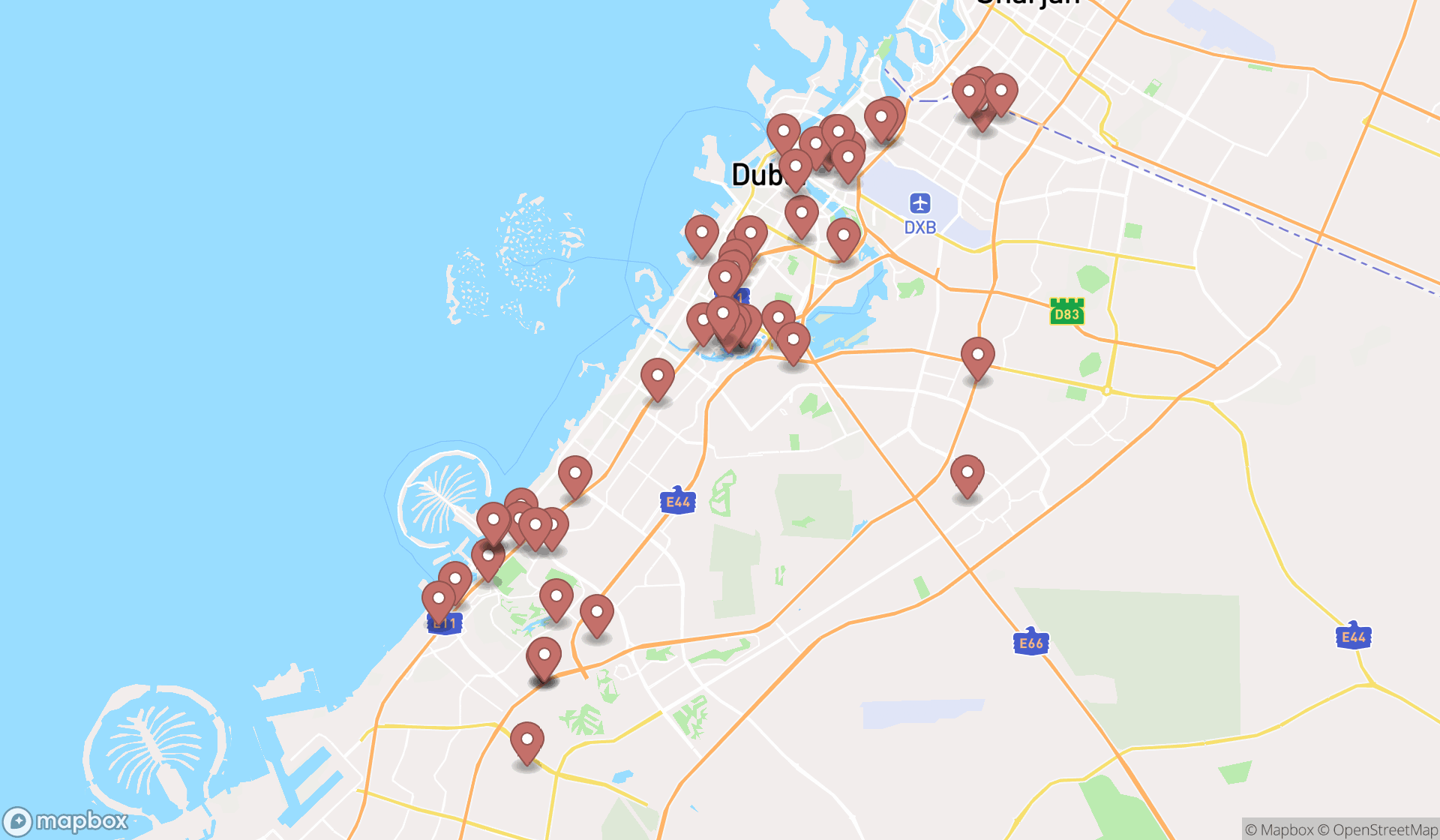 Map showing the search results in Dubai