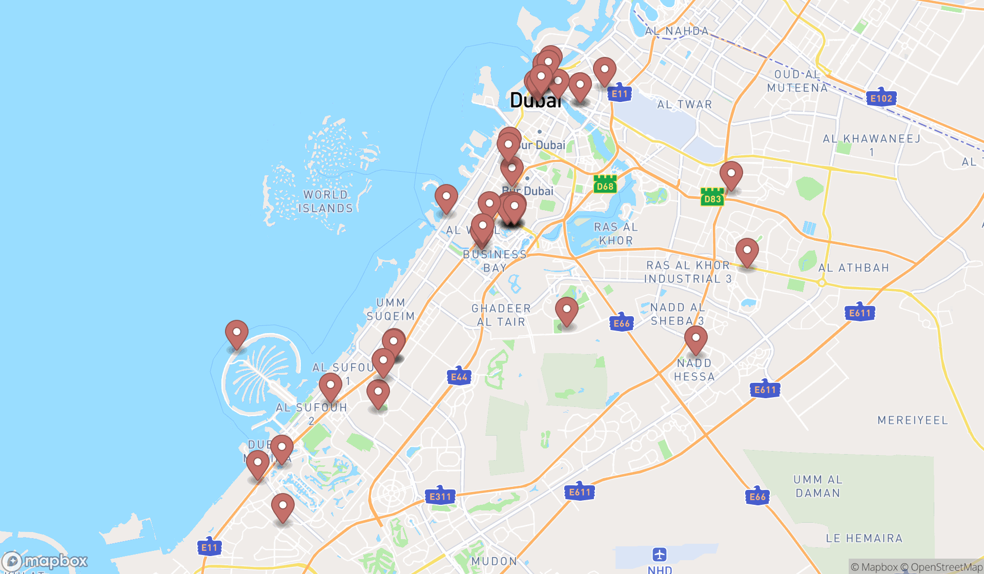 Map showing the search results in Dubai