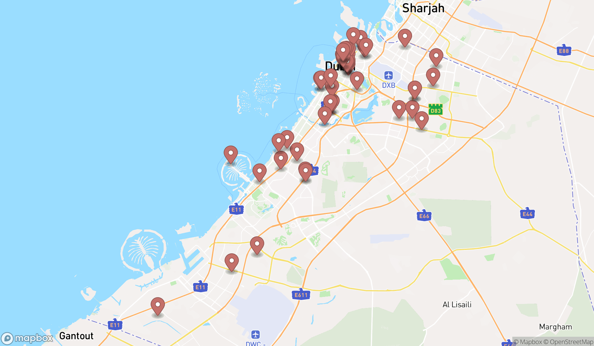 Map showing the search results in Dubai