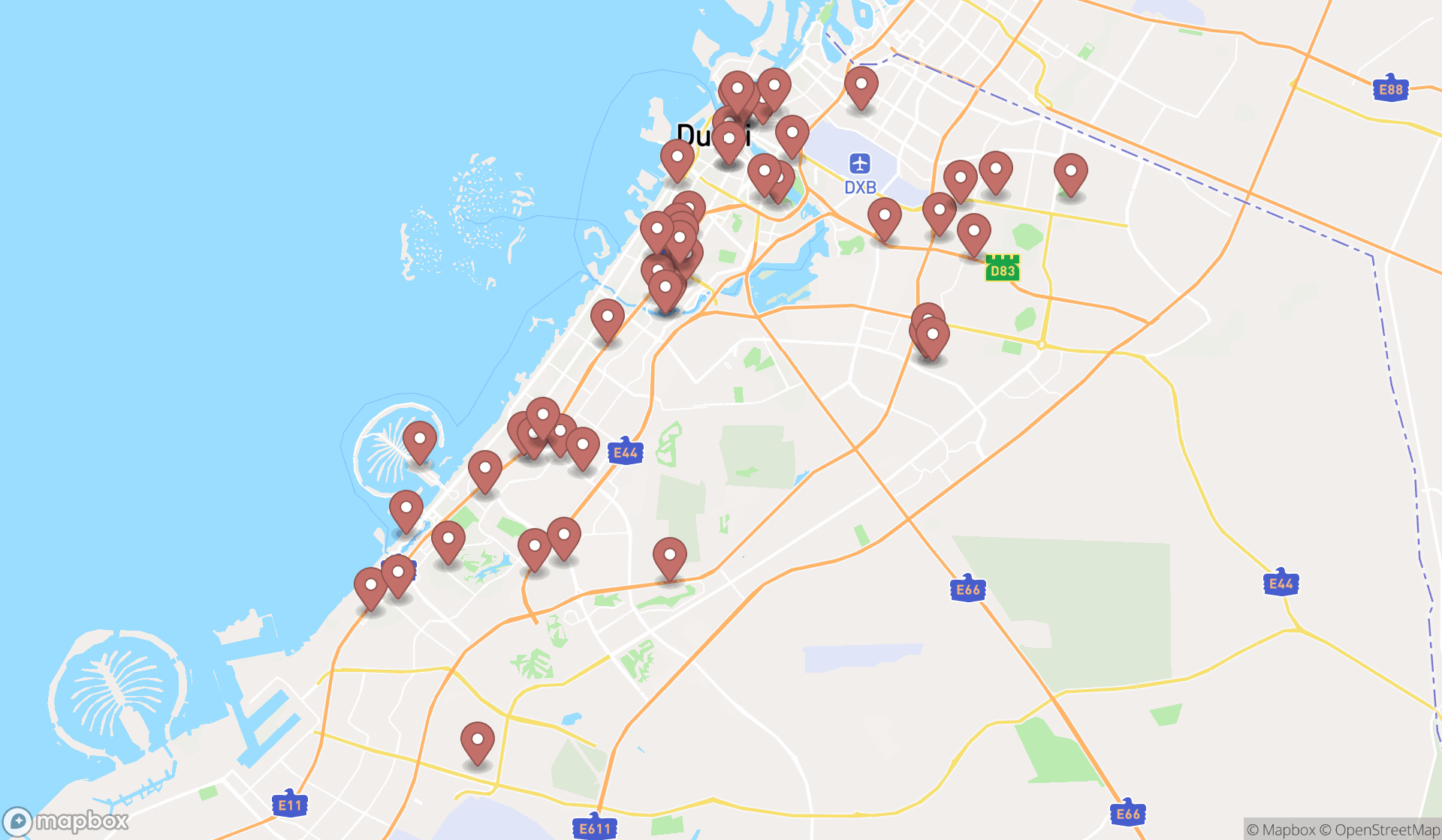 Map showing the search results in Dubai