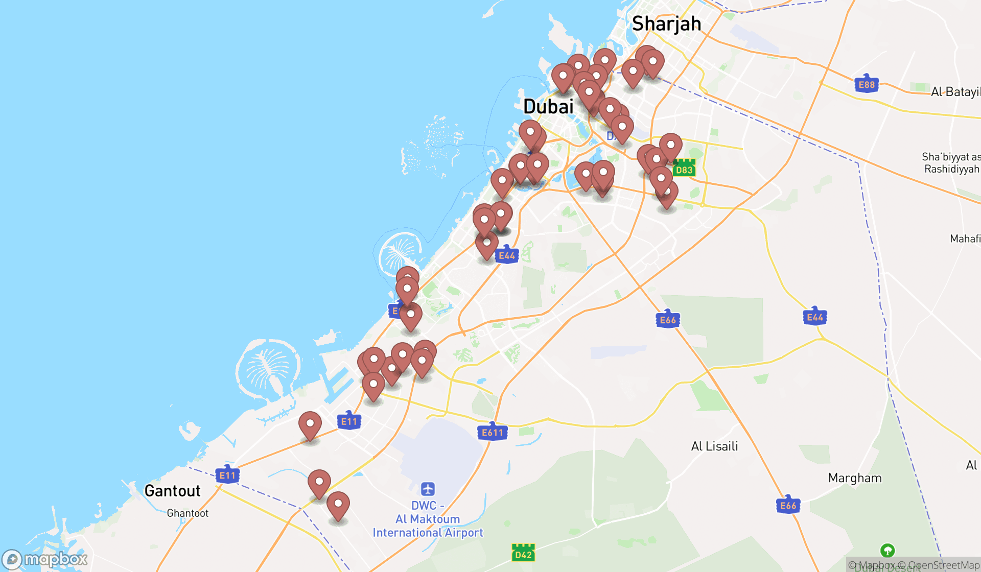 Map showing the search results in Dubai