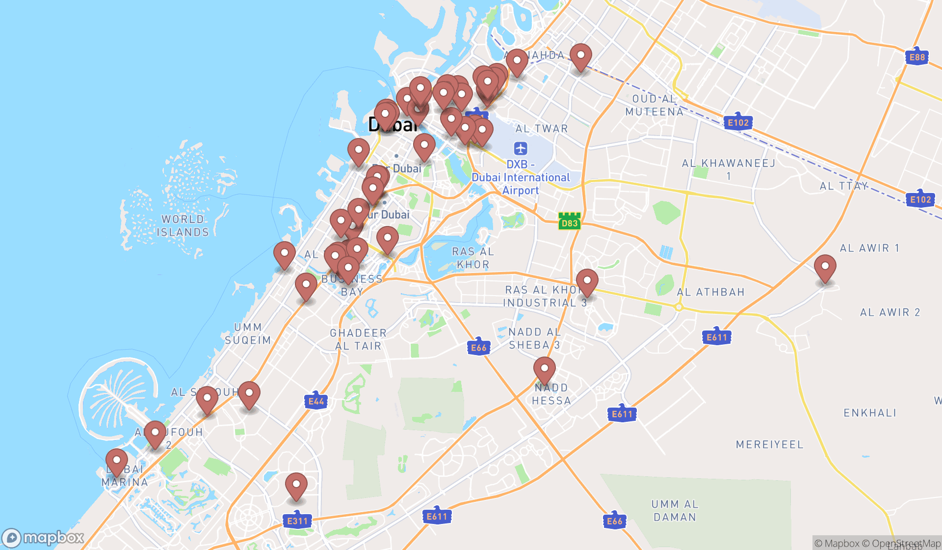 Map showing the search results in Dubai