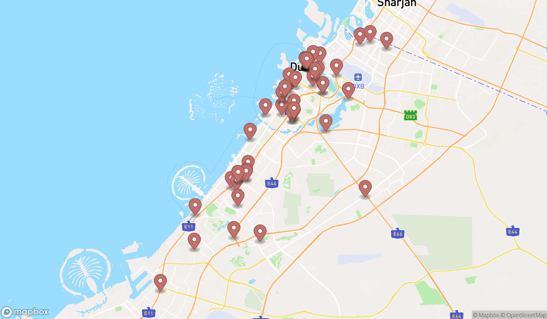 Map showing the search results in Dubai