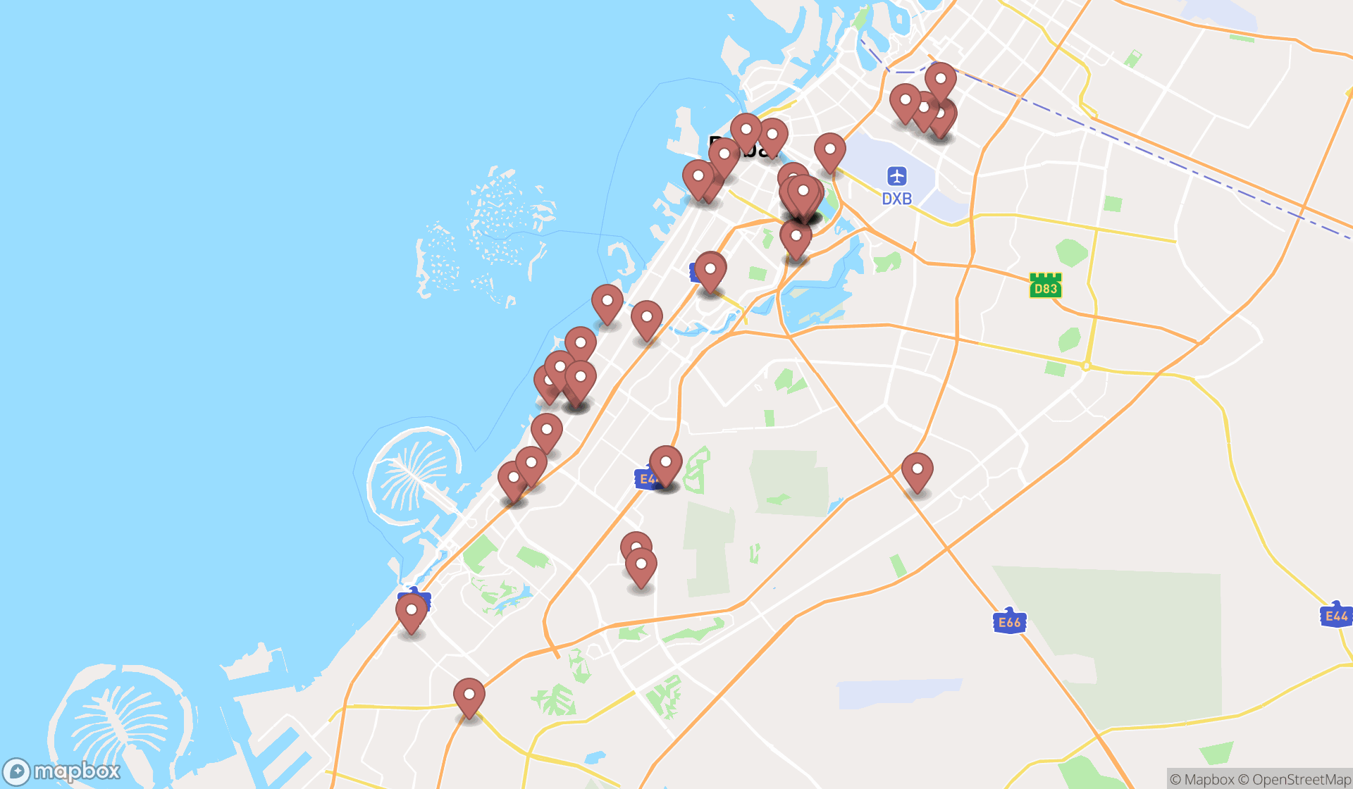 Map showing the search results in Dubai