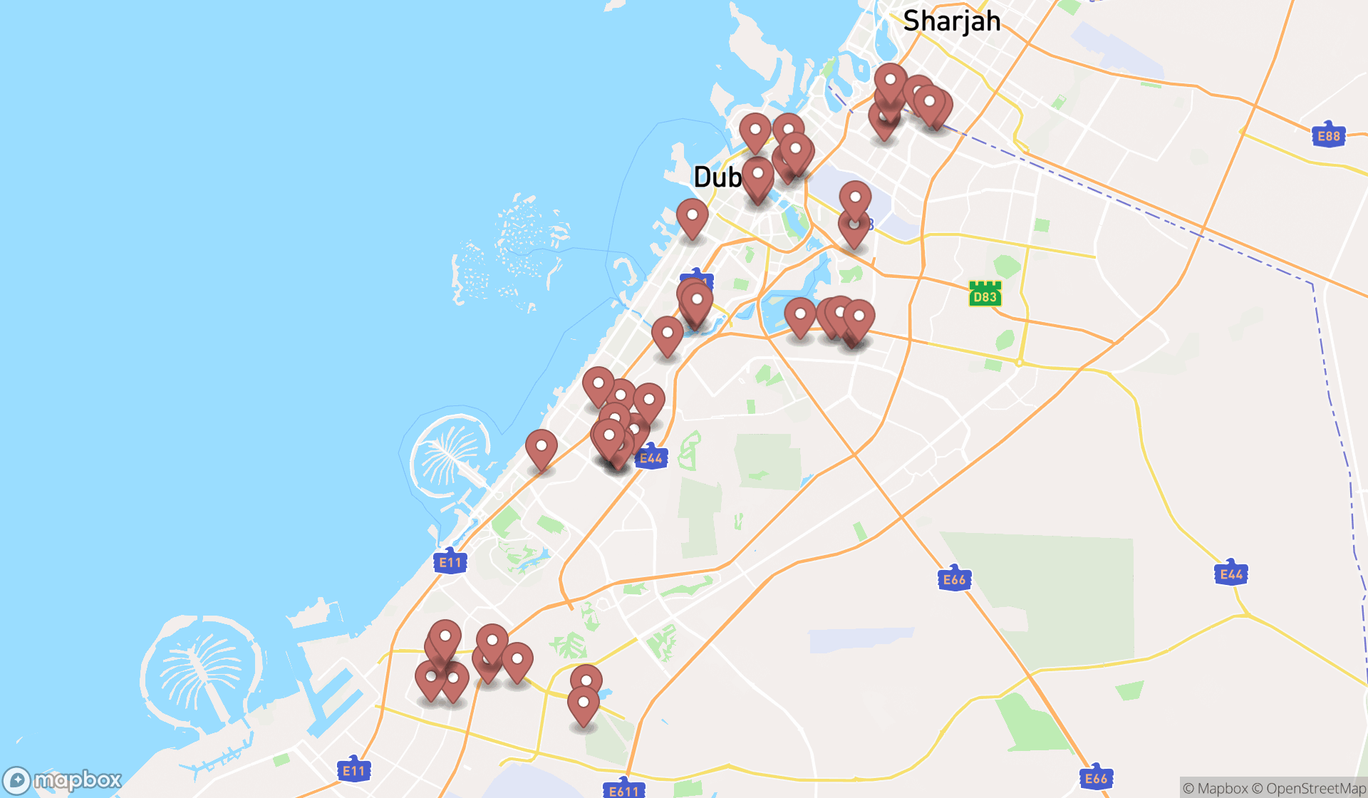 Map showing the search results in Dubai