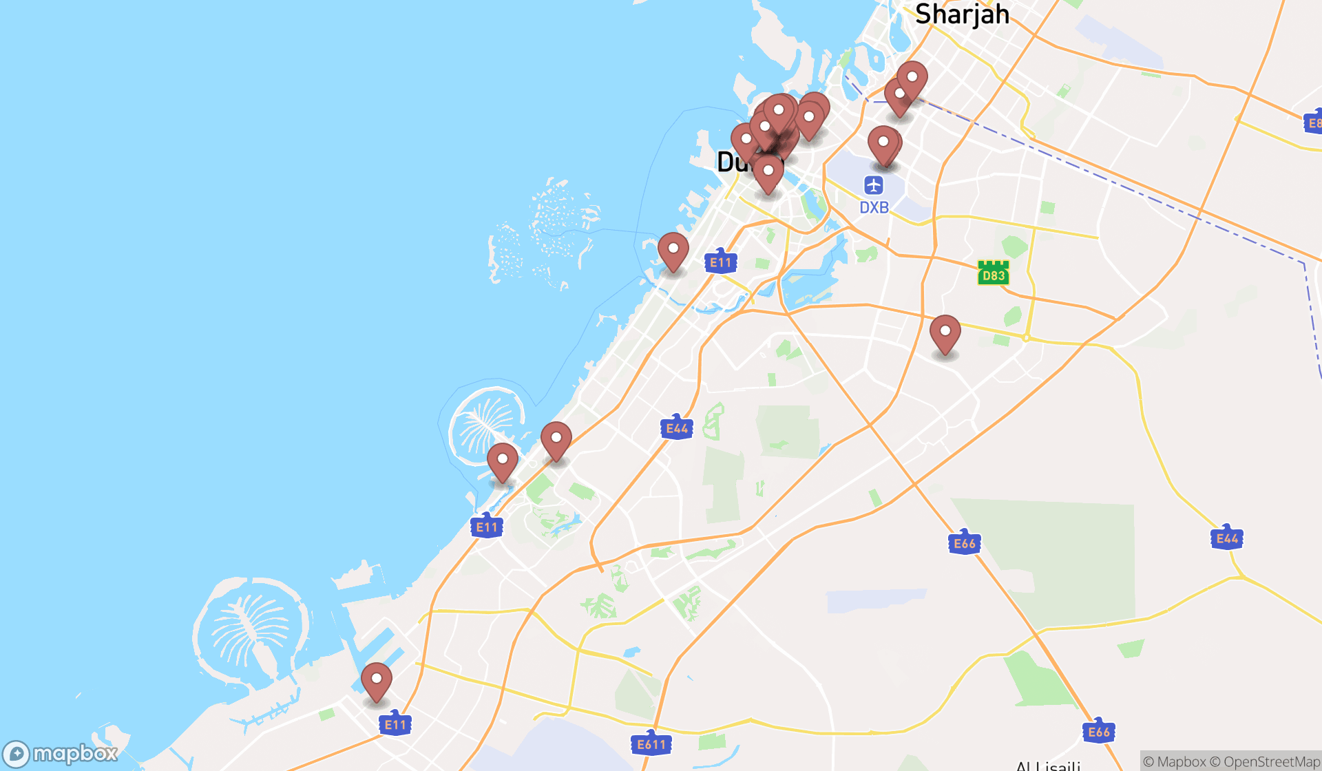 Map showing the search results in Dubai