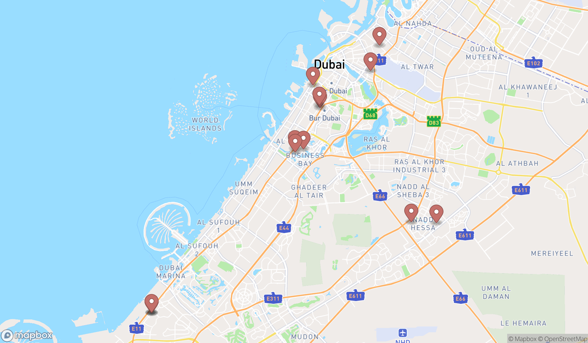 Map showing the search results in Dubai