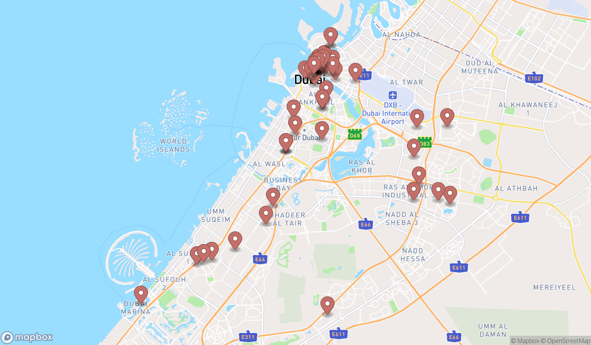 Map showing the search results in Dubai
