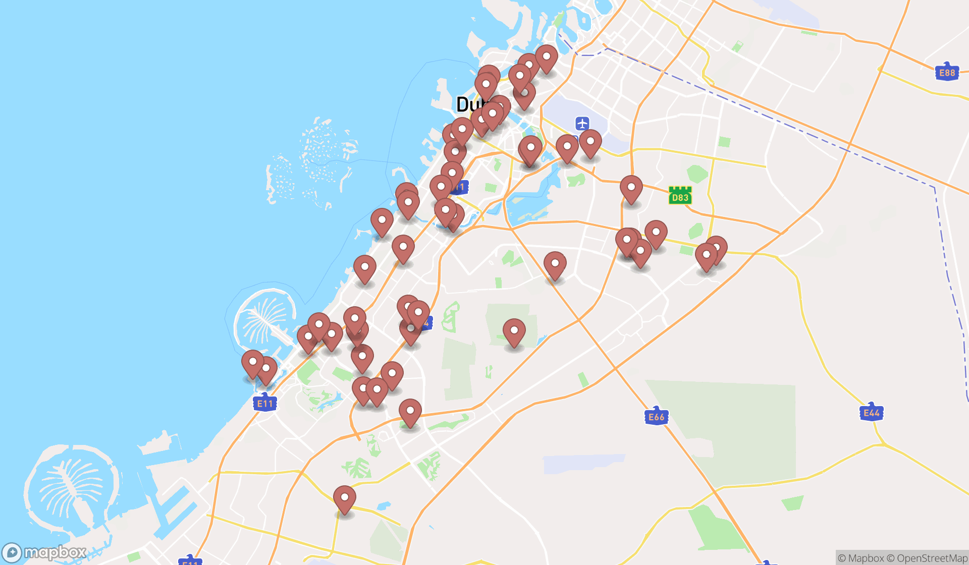 Map showing the search results in Dubai