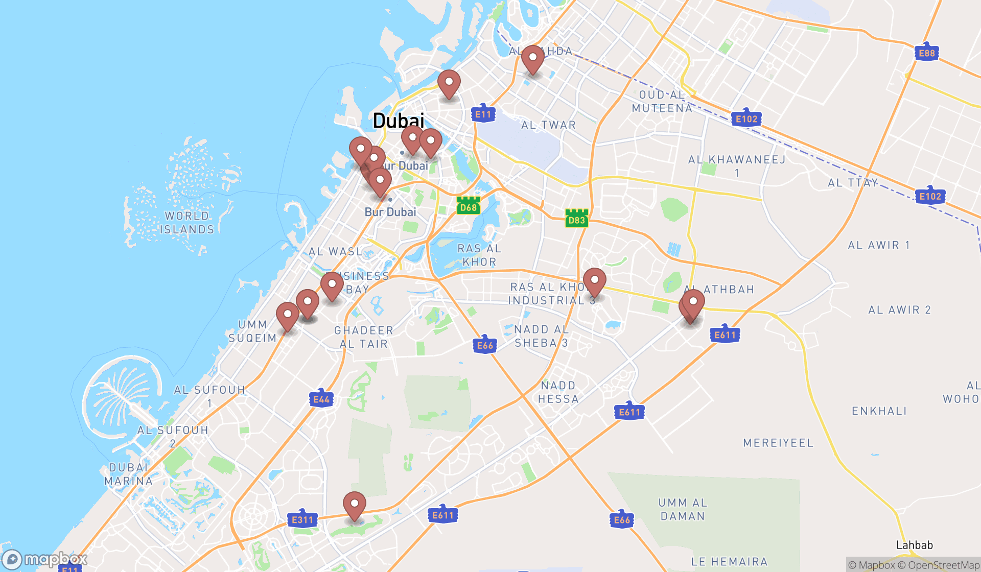 Map showing the search results in Dubai