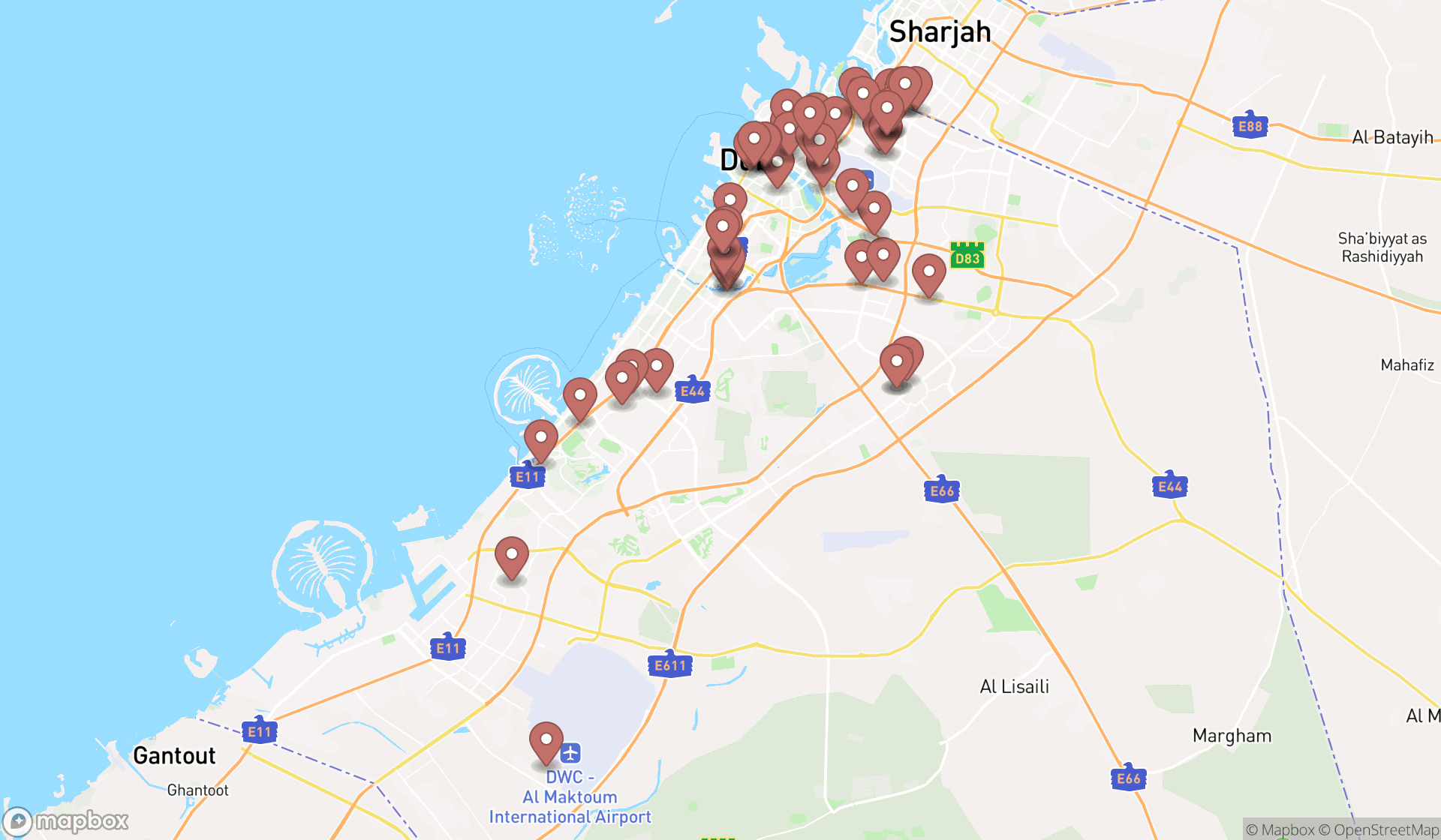 Map showing the search results in Dubai