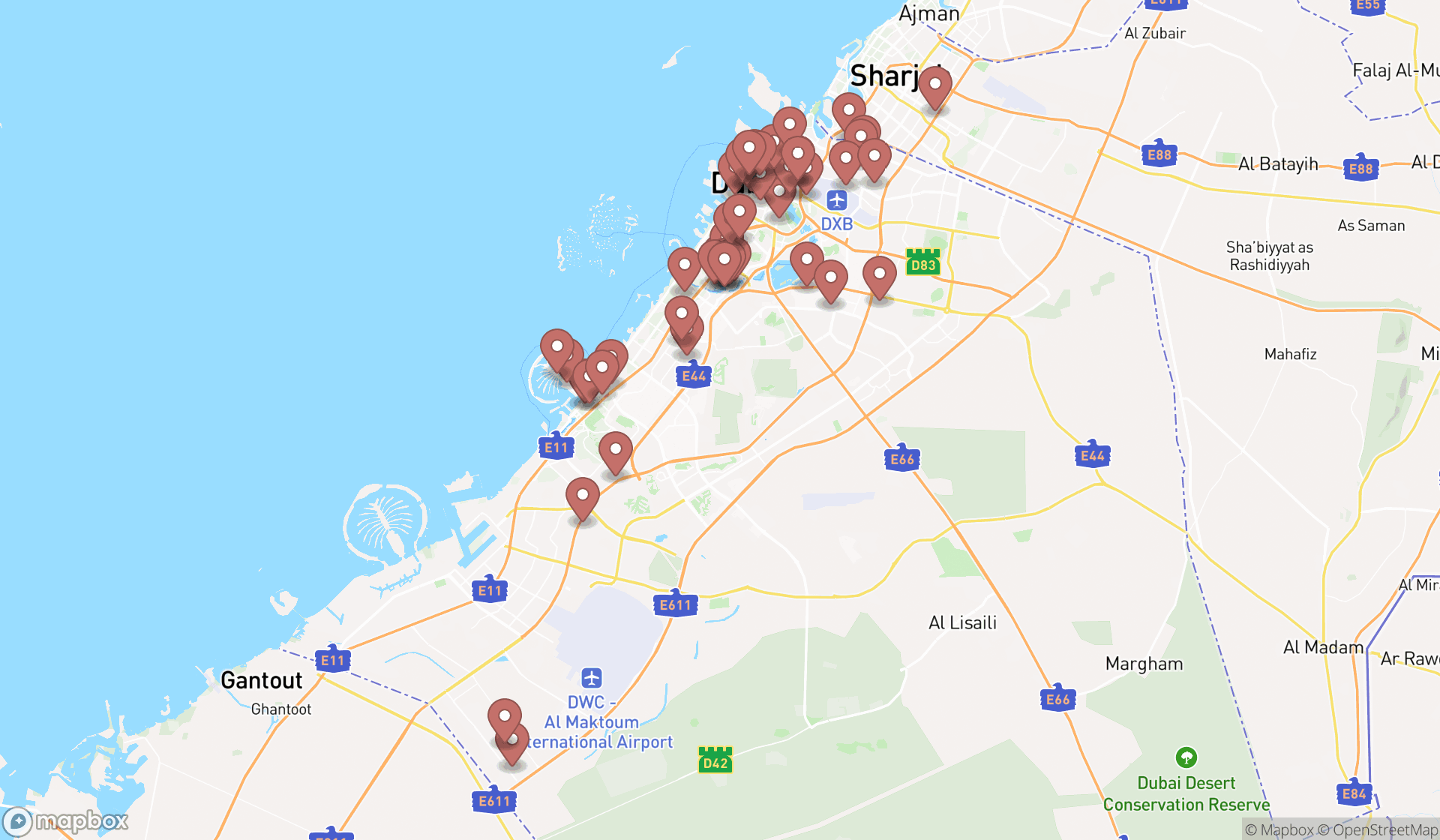 Map showing the search results in Dubai
