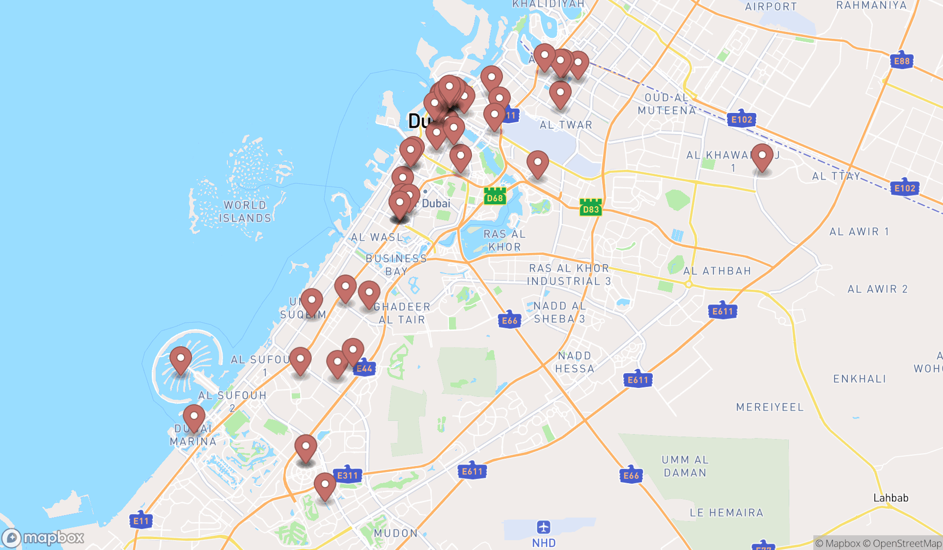 Map showing the search results in Dubai