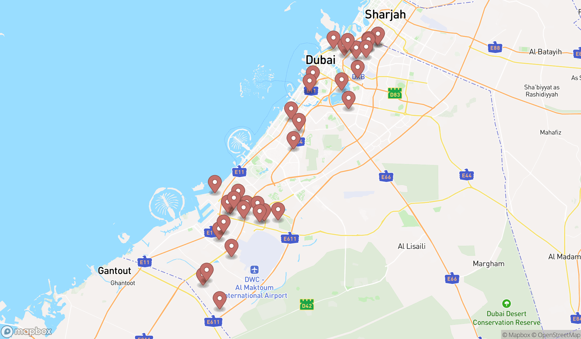 Map showing the search results in Dubai