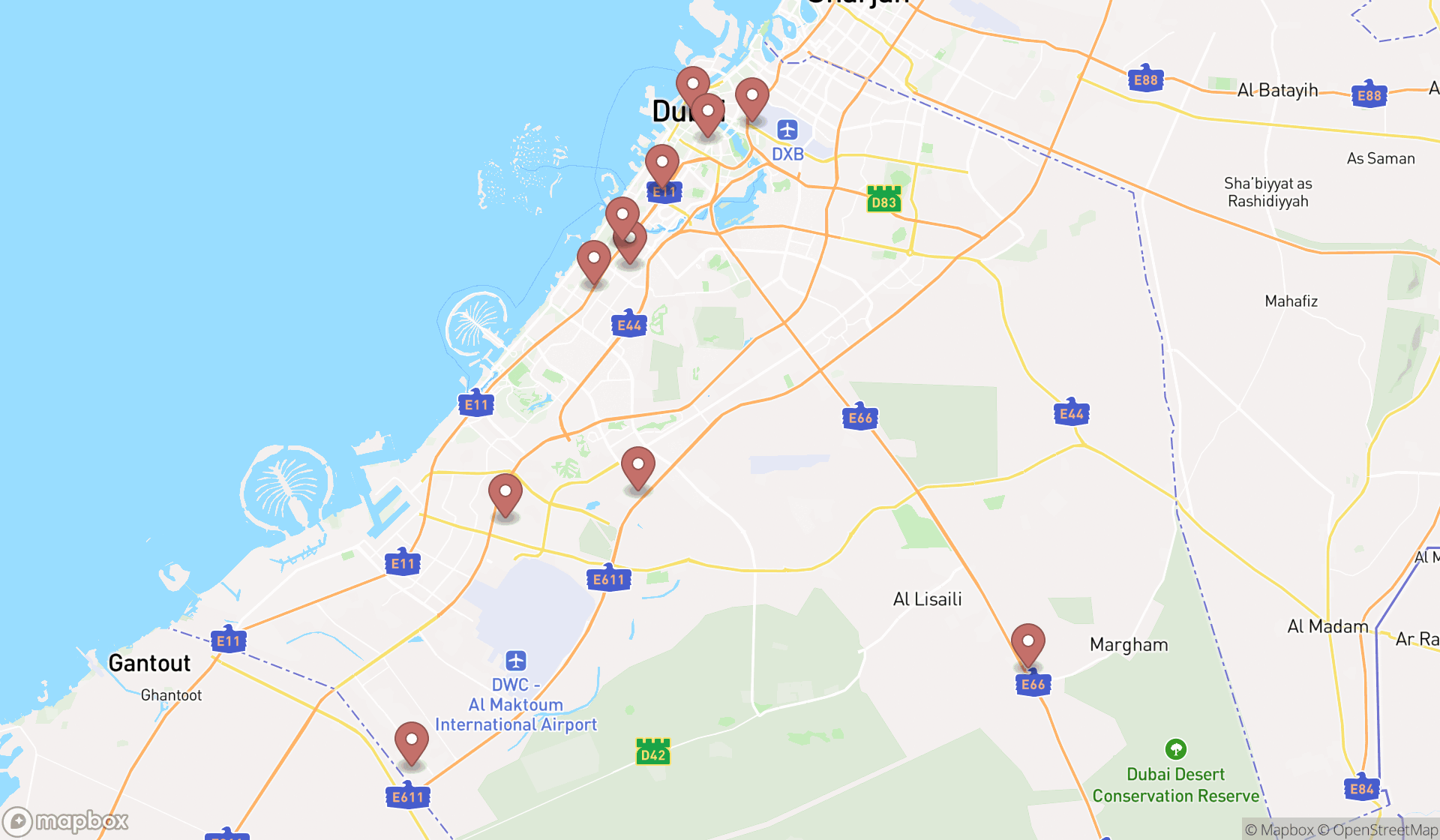 Map showing the search results in Dubai