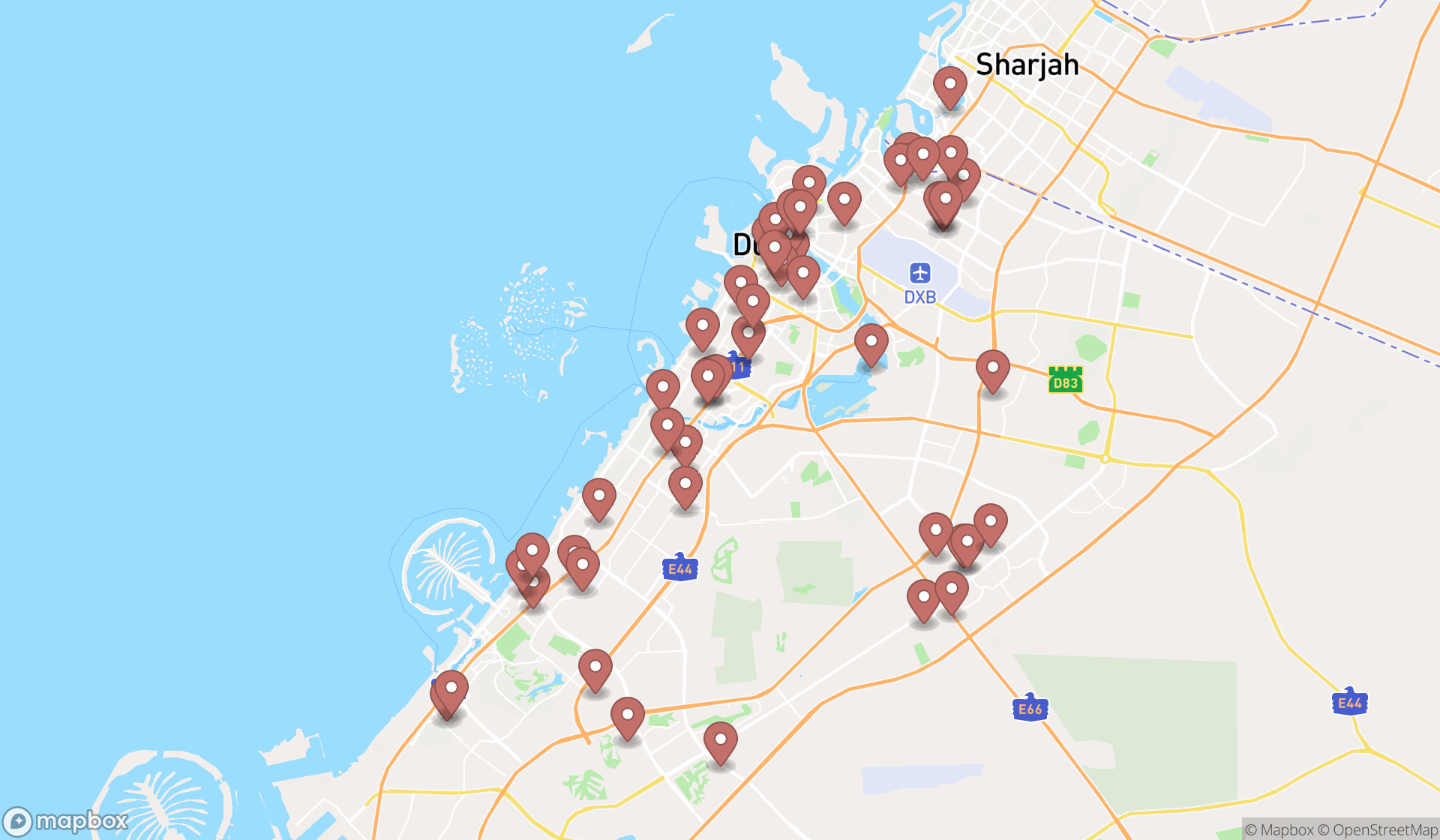 Map showing the search results in Dubai