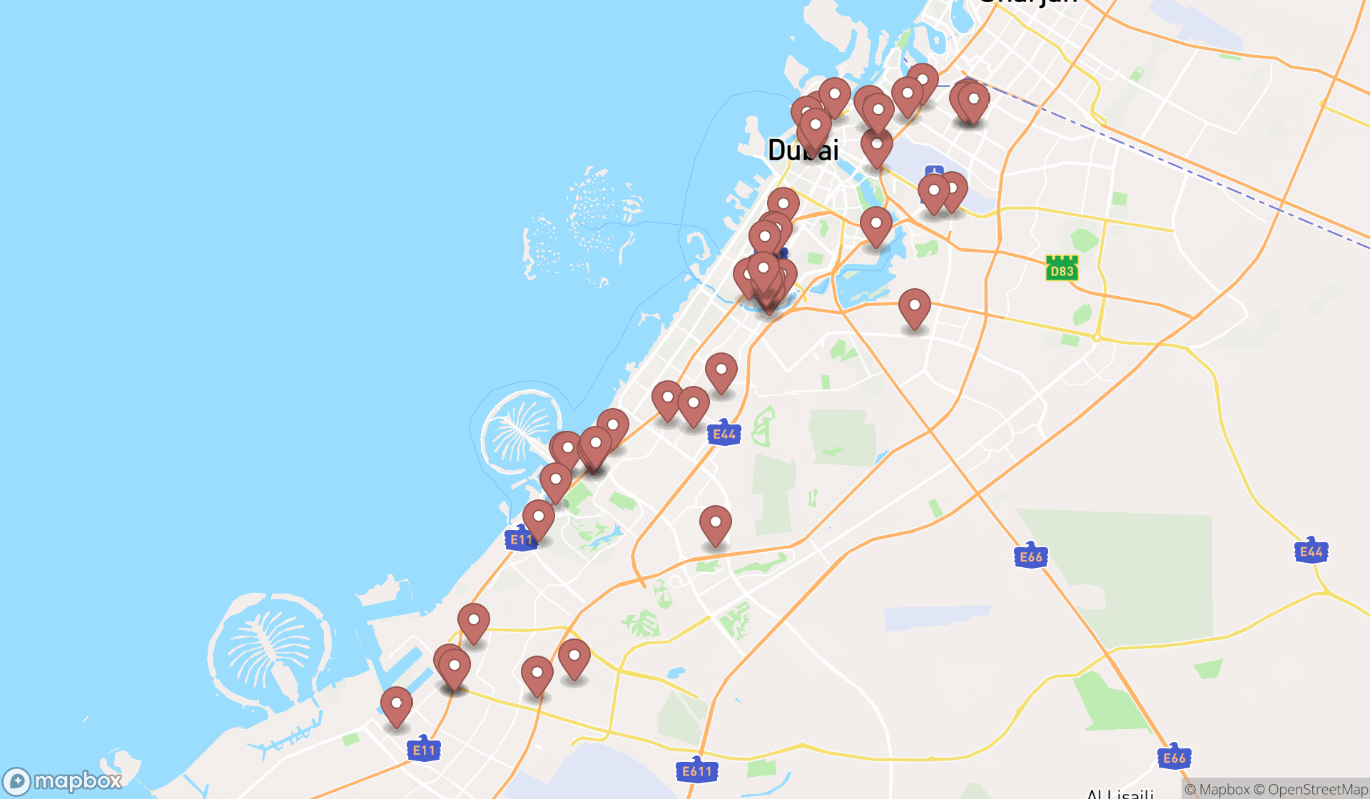 Map showing the search results in Dubai