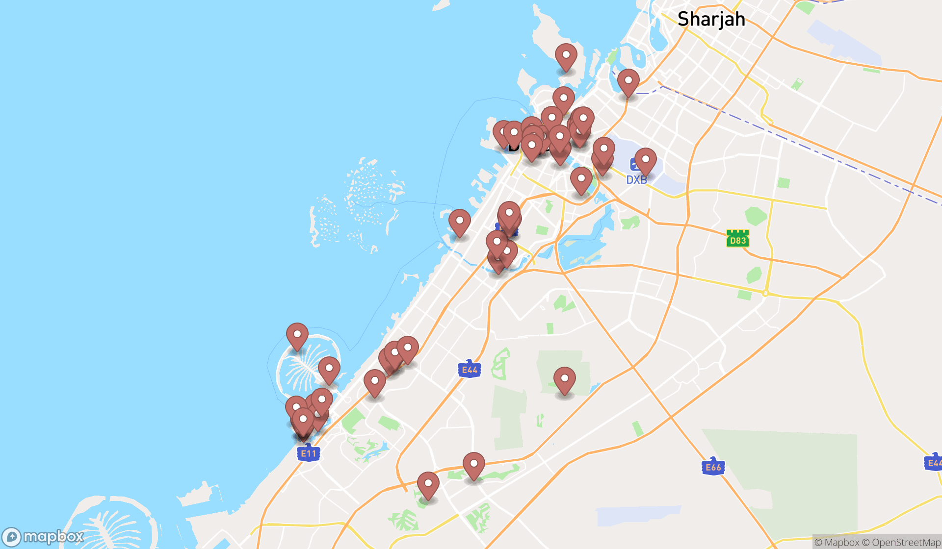 Map showing the search results in Dubai