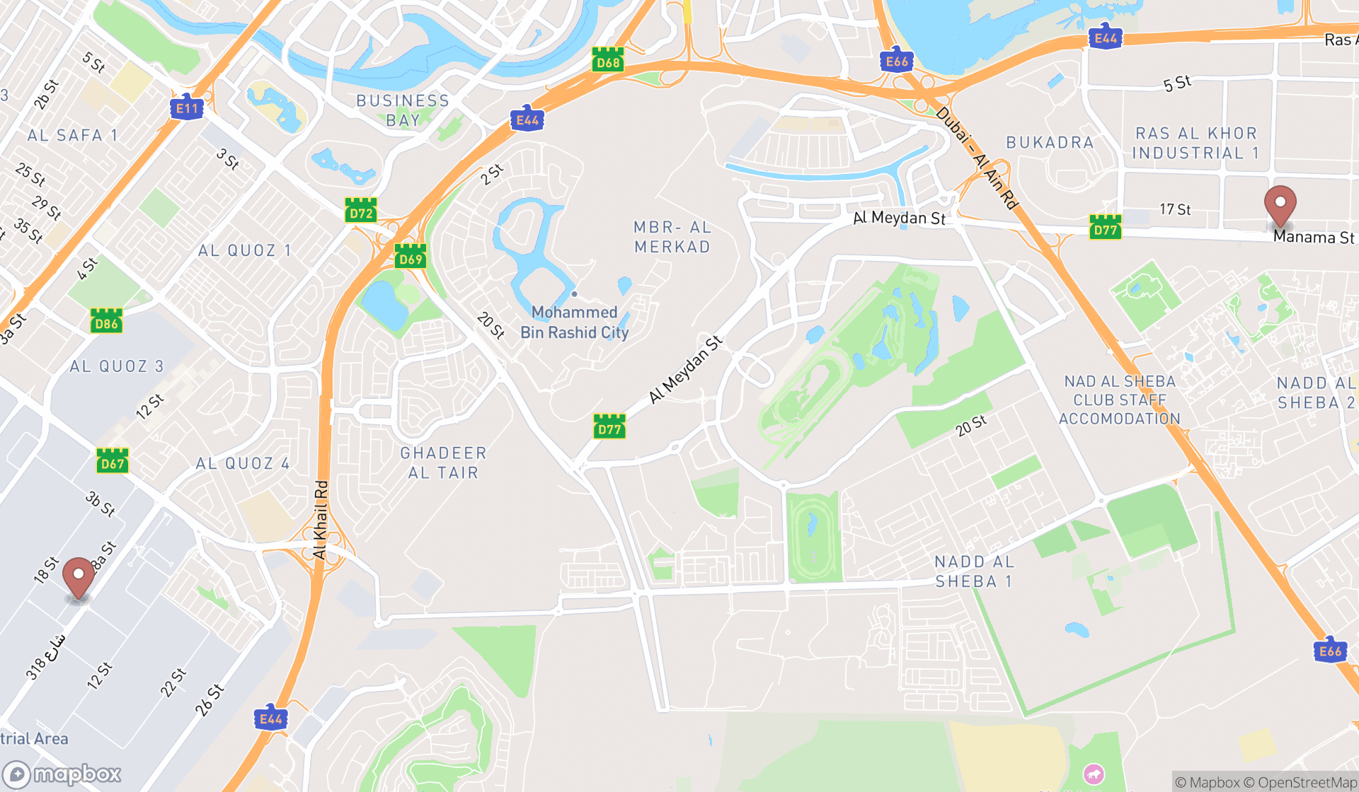 Map showing the search results in Dubai