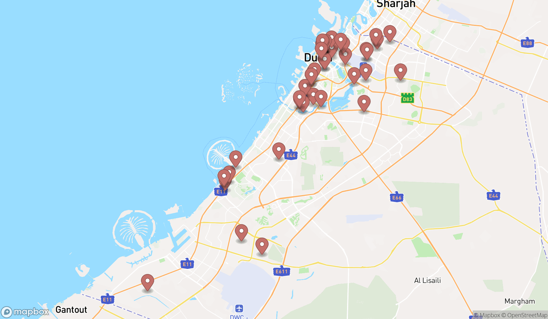 Map showing the search results in Dubai