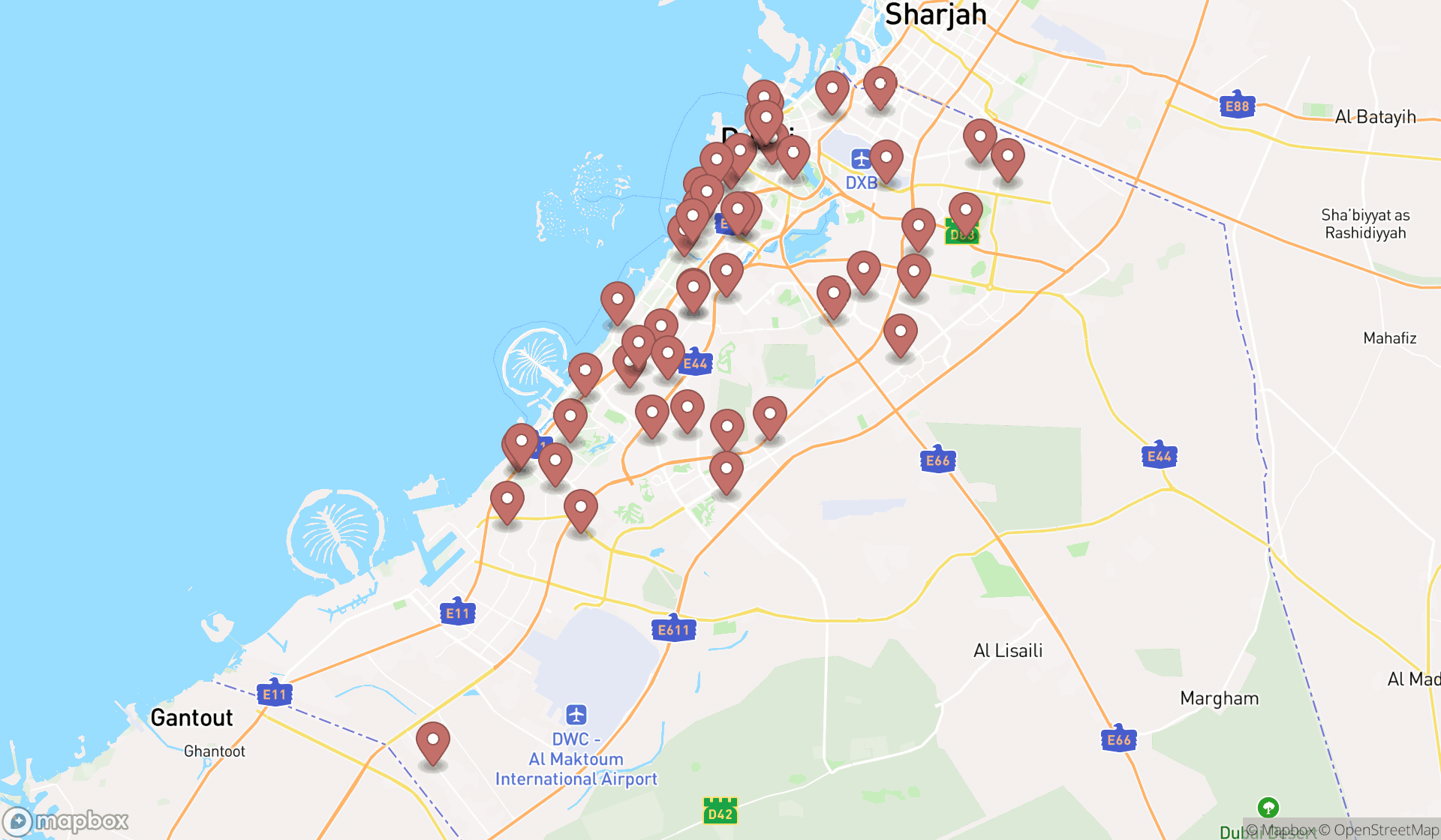 Map showing the search results in Dubai
