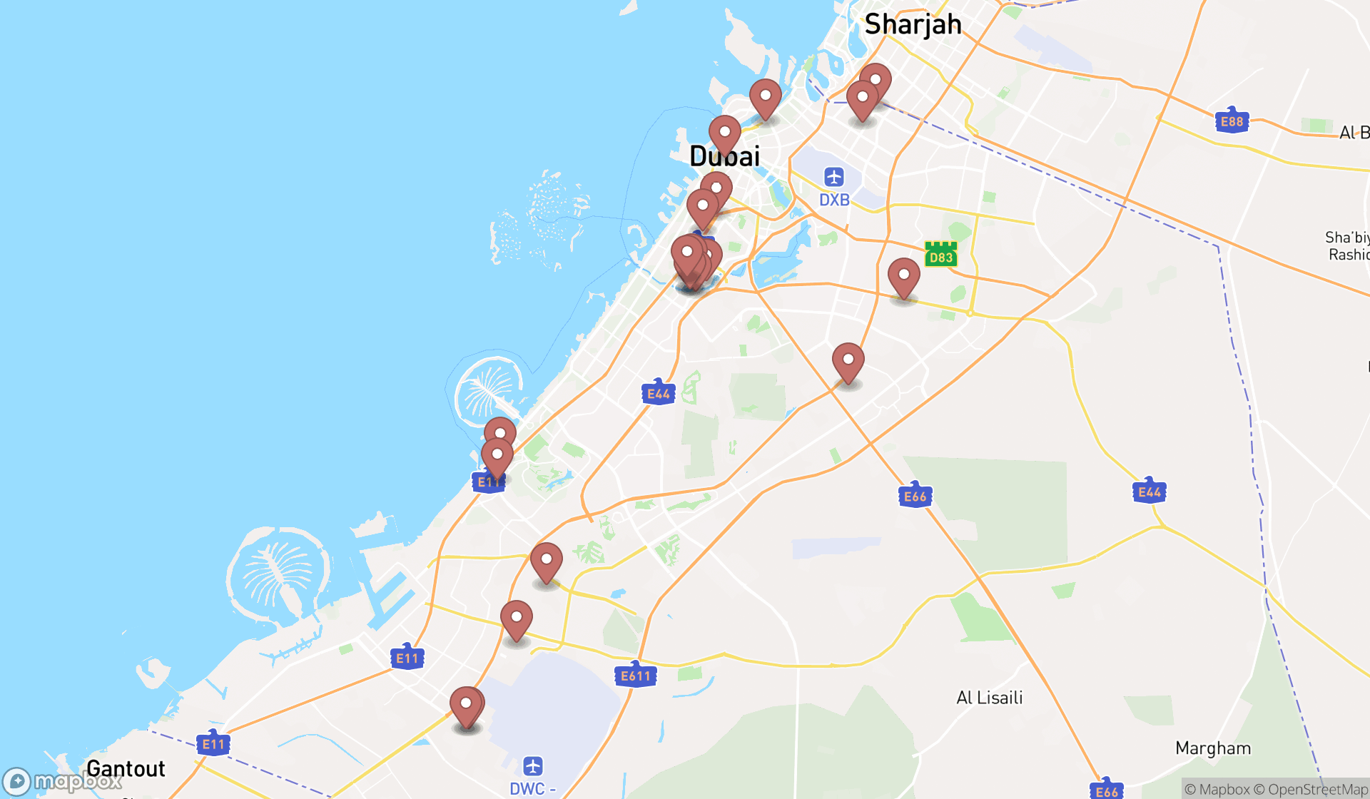 Map showing the search results in Dubai