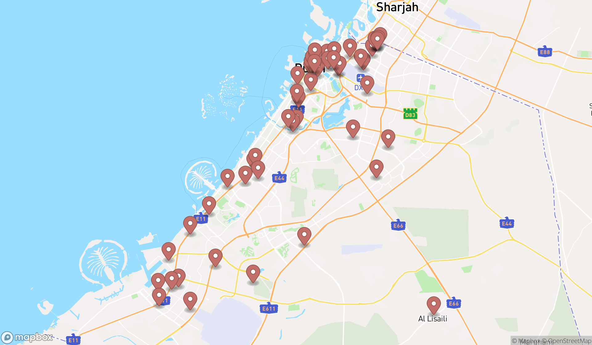 Map showing the search results in Dubai