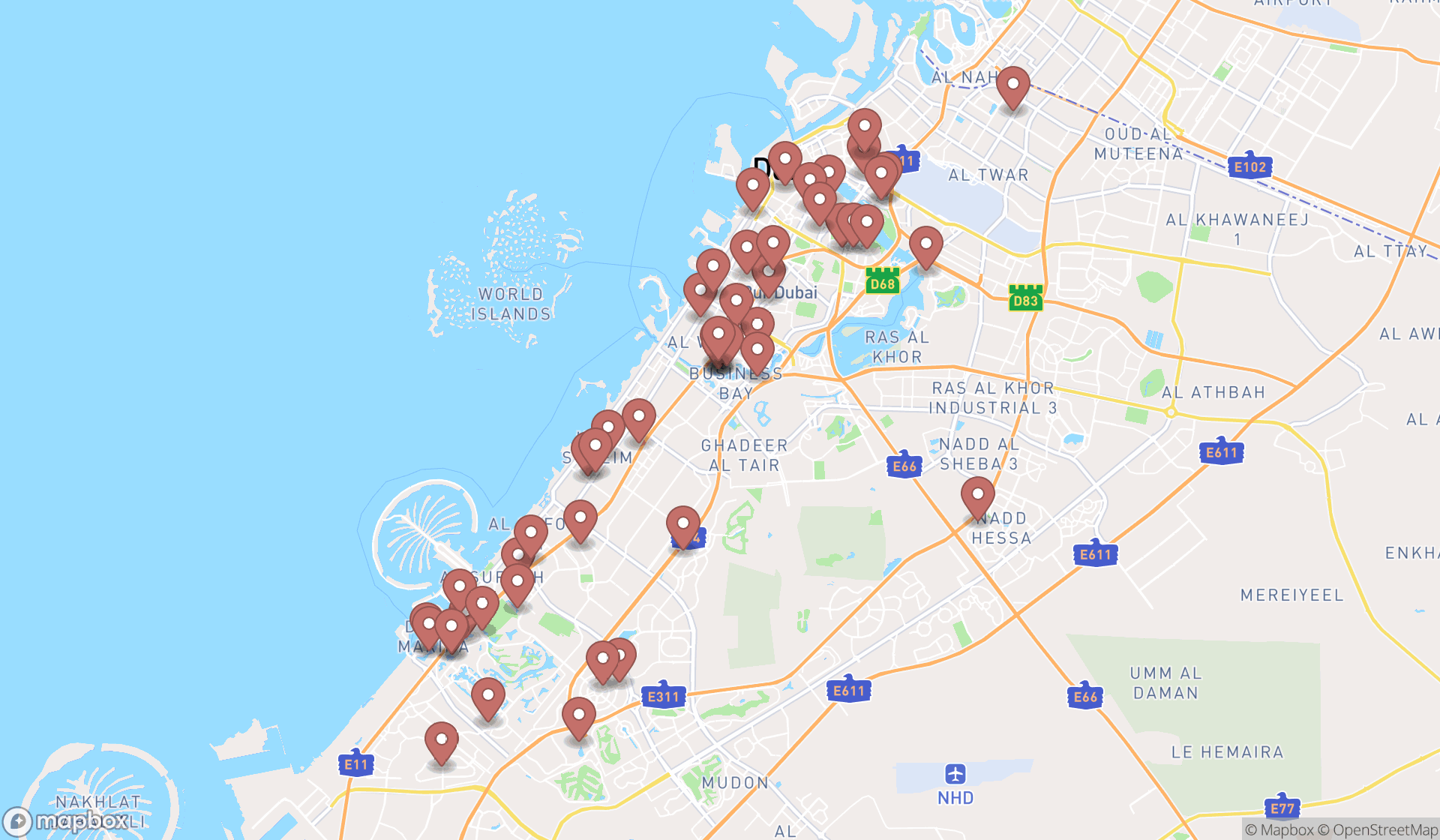 Map showing the search results in Dubai