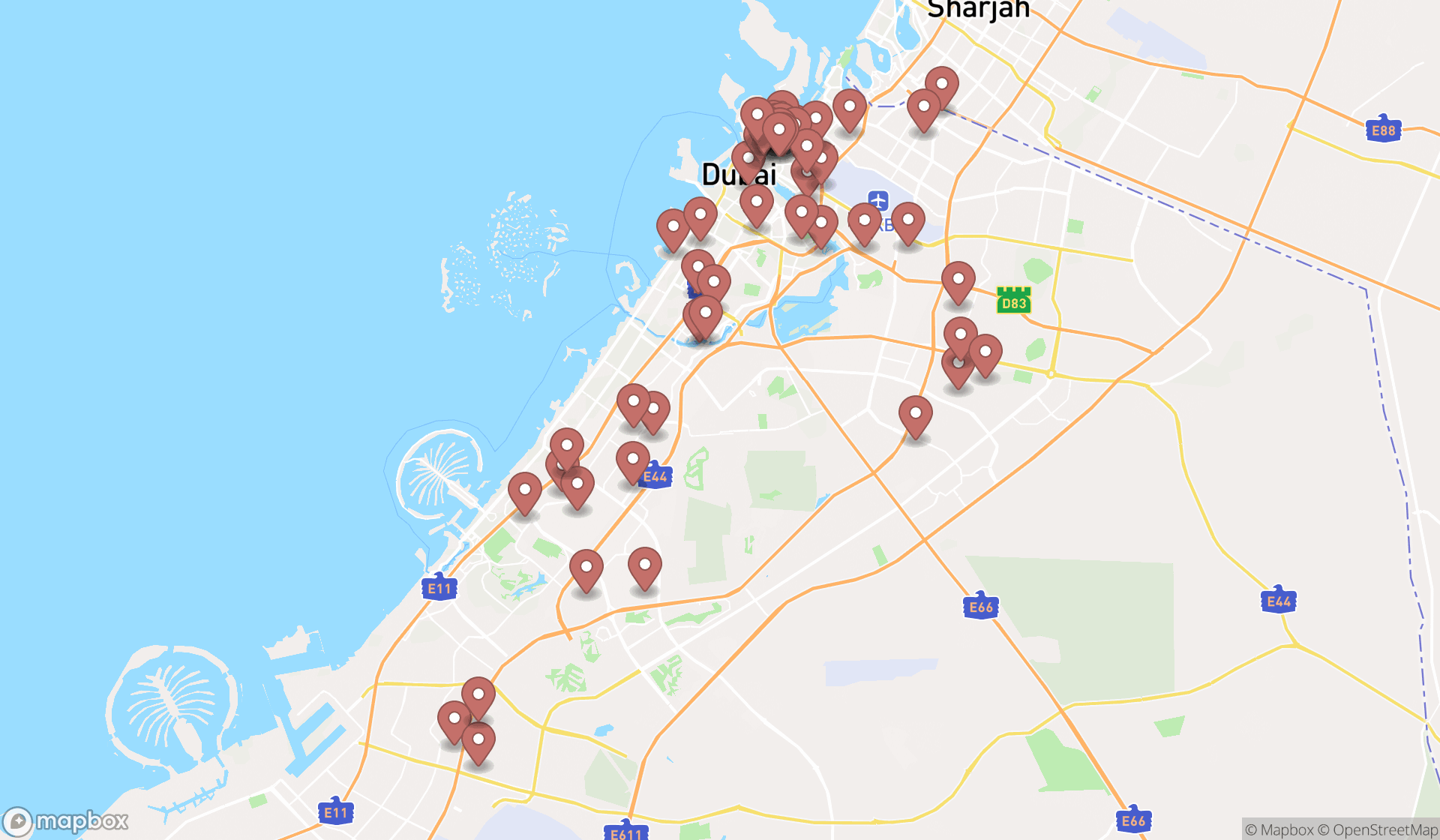 Map showing the search results in Dubai
