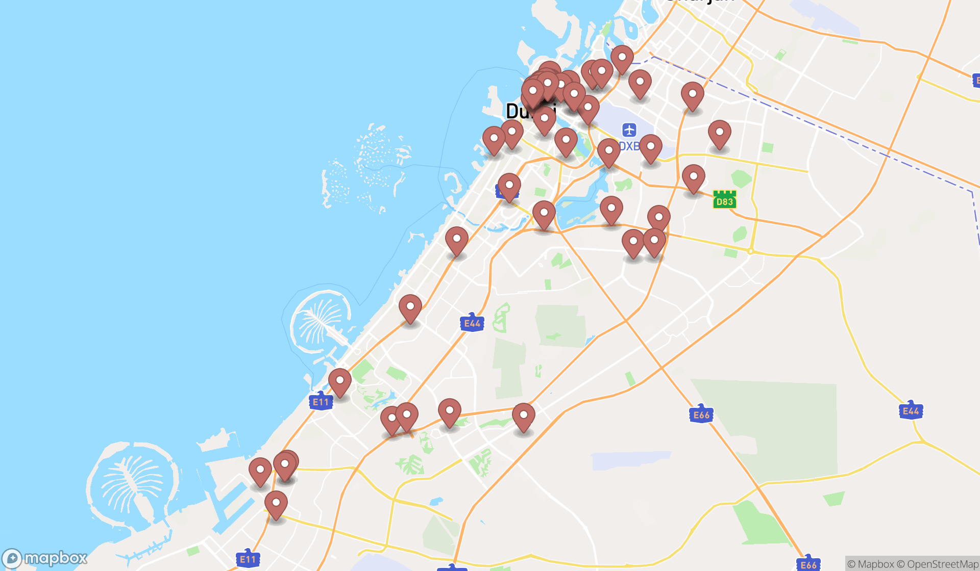 Map showing the search results in Dubai