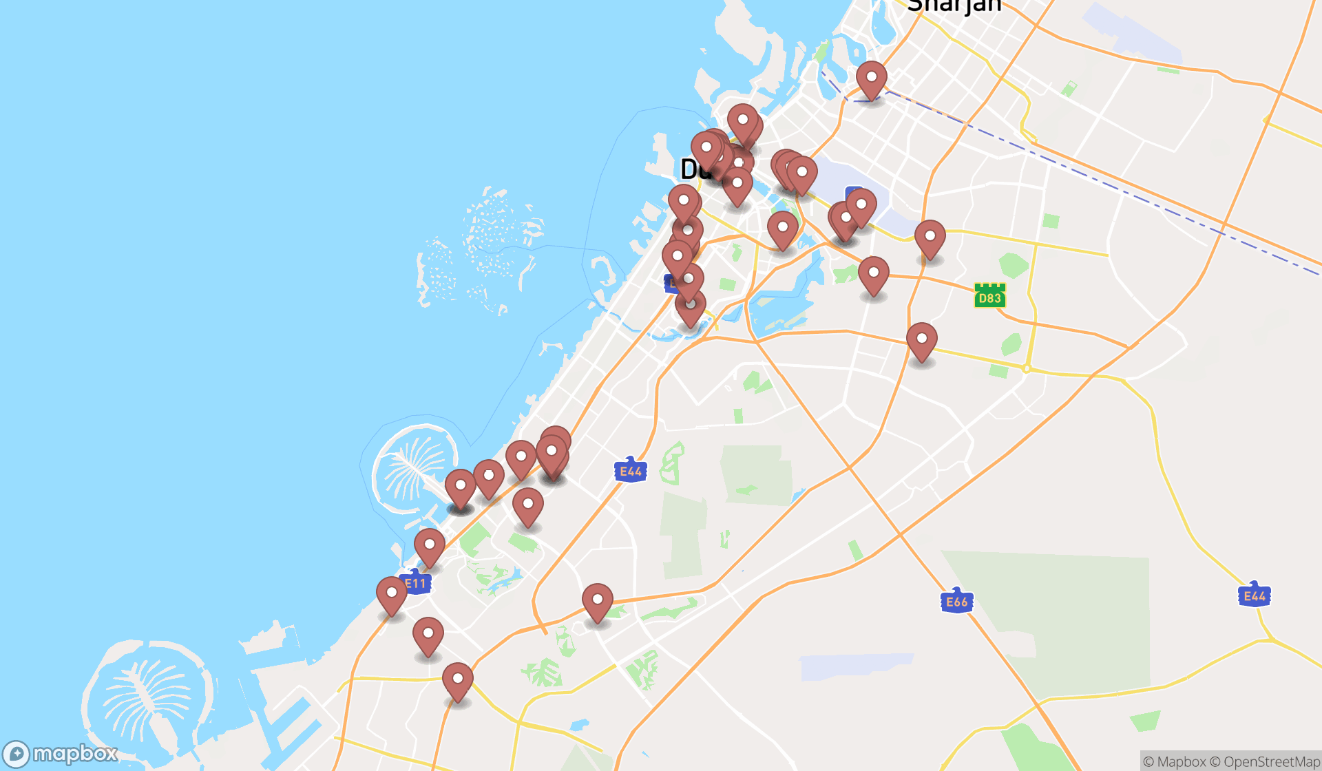 Map showing the search results in Dubai