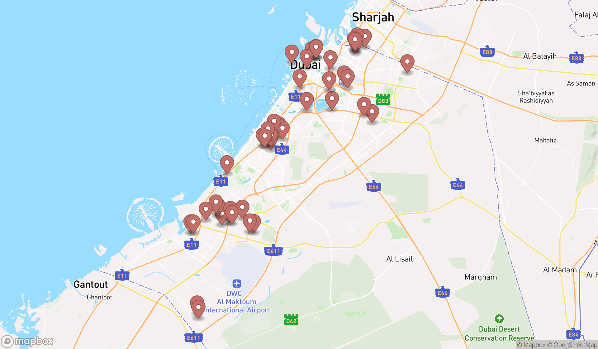 Map showing the search results in Dubai