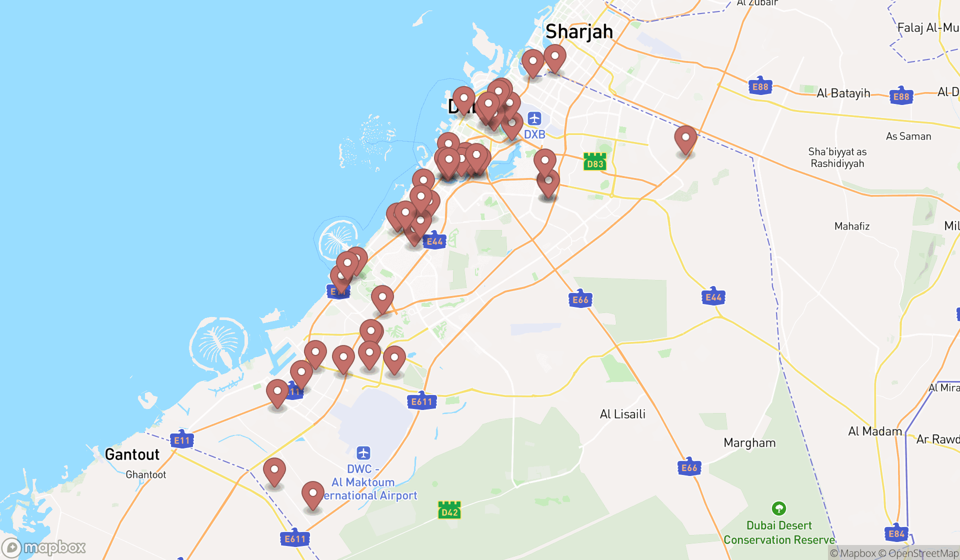 Map showing the search results in Dubai