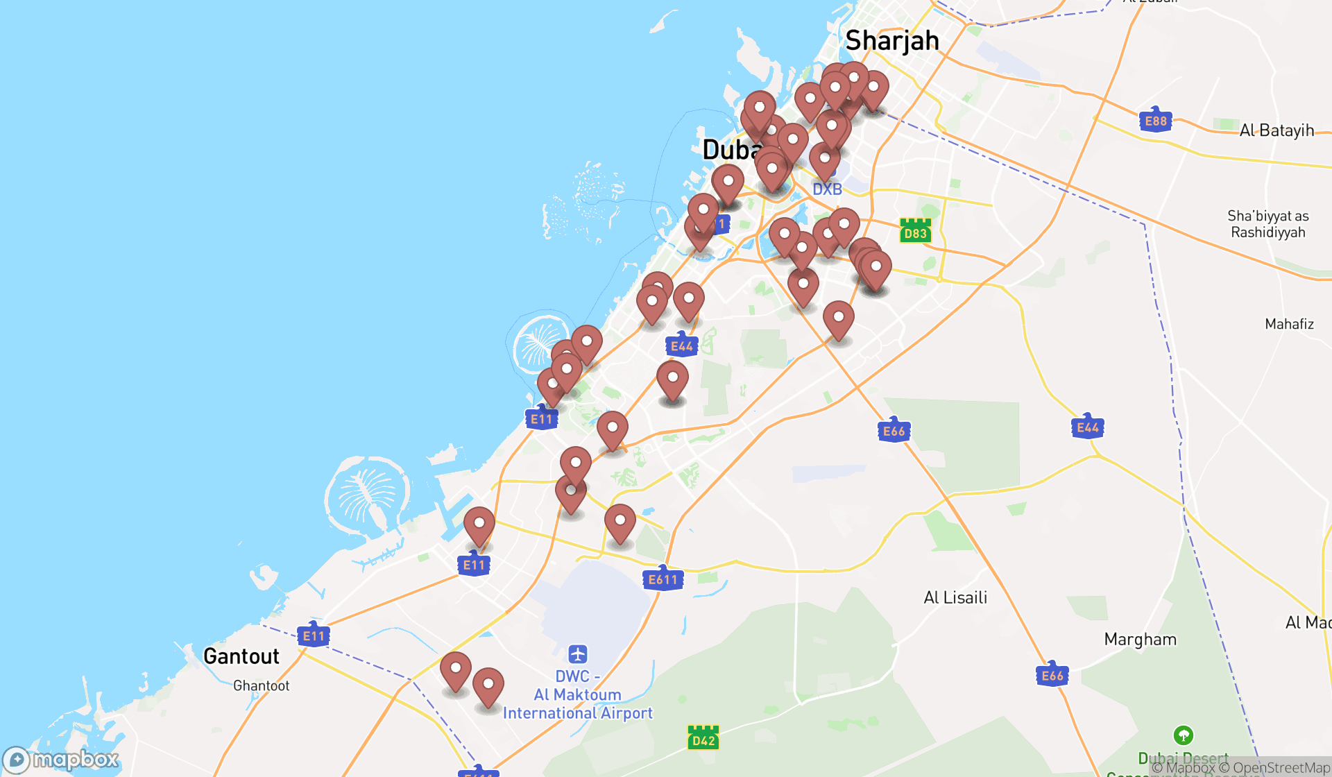 Map showing the search results in Dubai