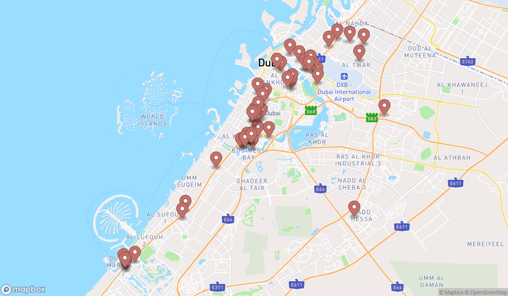 Map showing the search results in Dubai