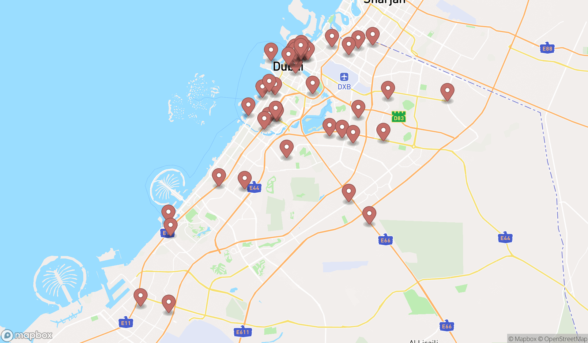 Map showing the search results in Dubai