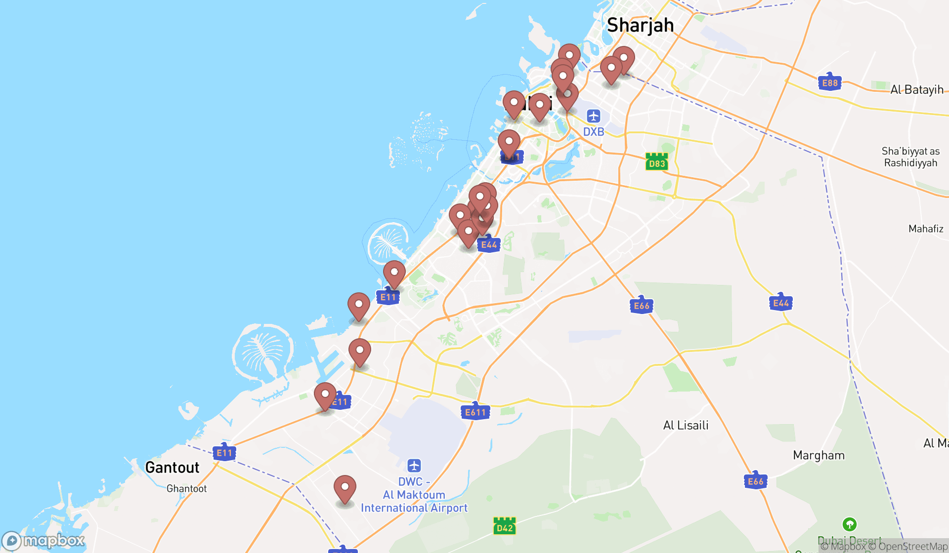 Map showing the search results in Dubai