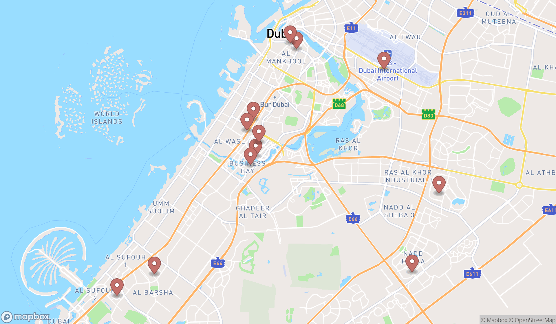 Map showing the search results in Dubai