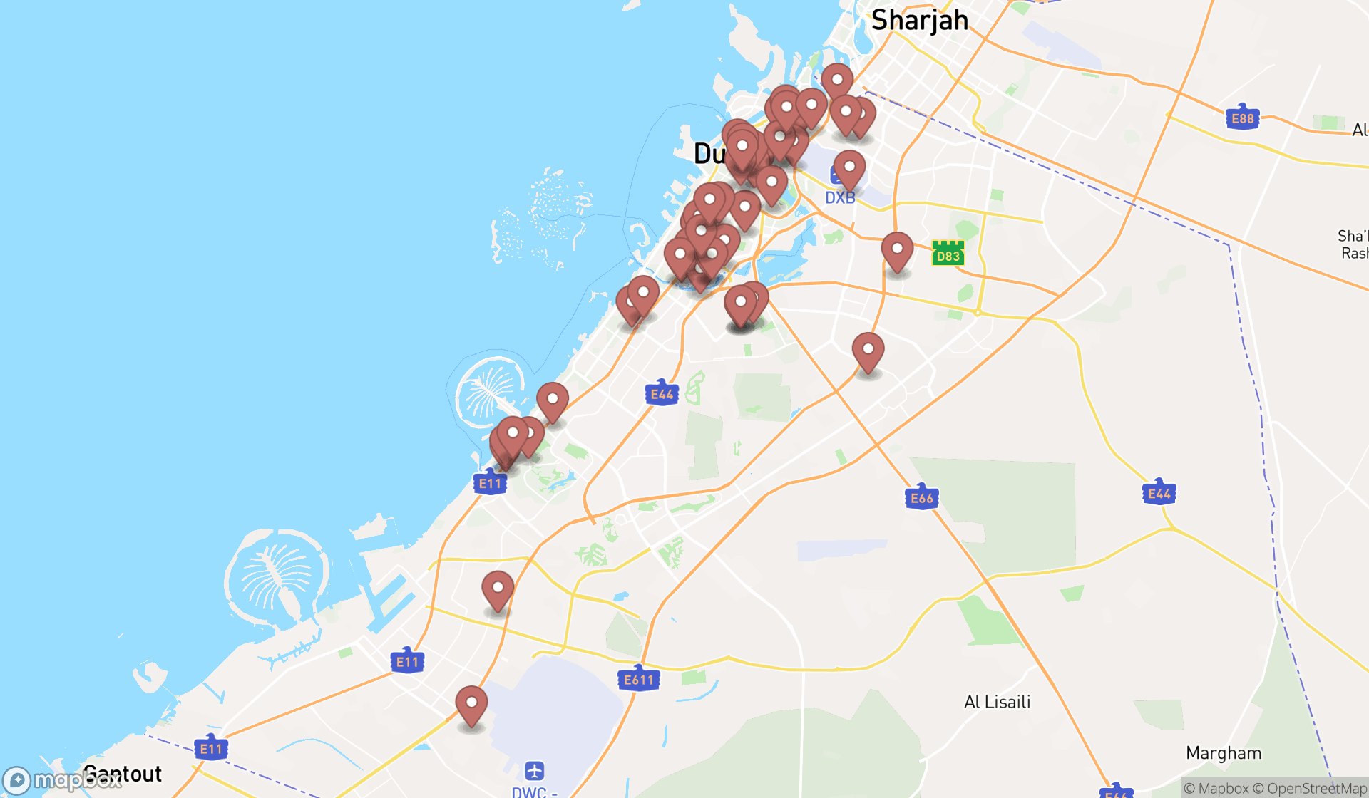 Map showing the search results in Dubai