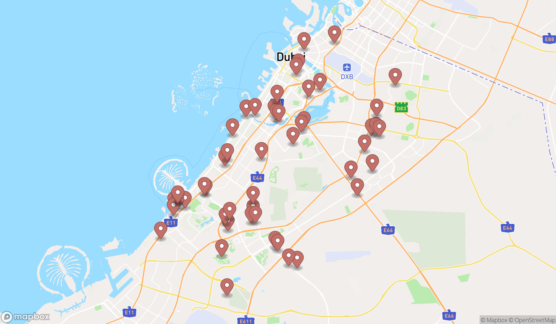 Map showing the search results in Dubai